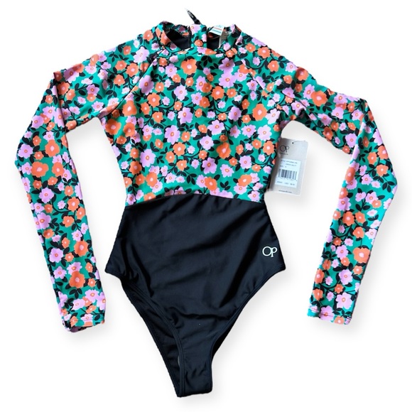 OP Ocean Pacific long sleeve one piece swimsuit surf suit black and floral - Picture 2 of 6